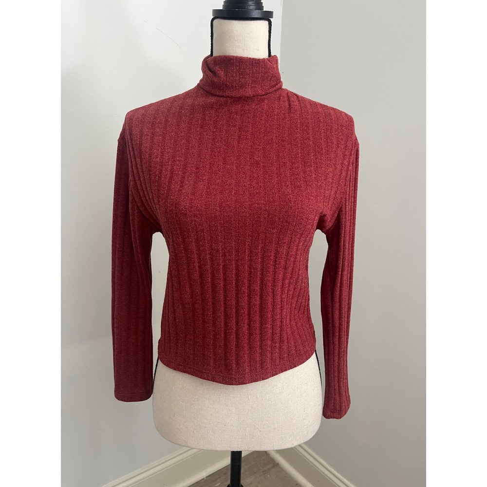 Ribbed Turtleneck Knit Top size XS Rust Red Waist Length Long Sleeve Preppy Chic
